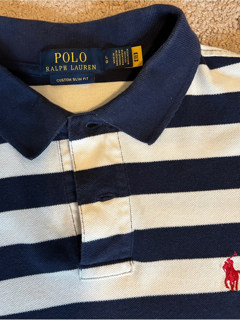 Polo by Ralph Lauren Navy & White Striped Polo with Red Pony L - Picture 2 of 3